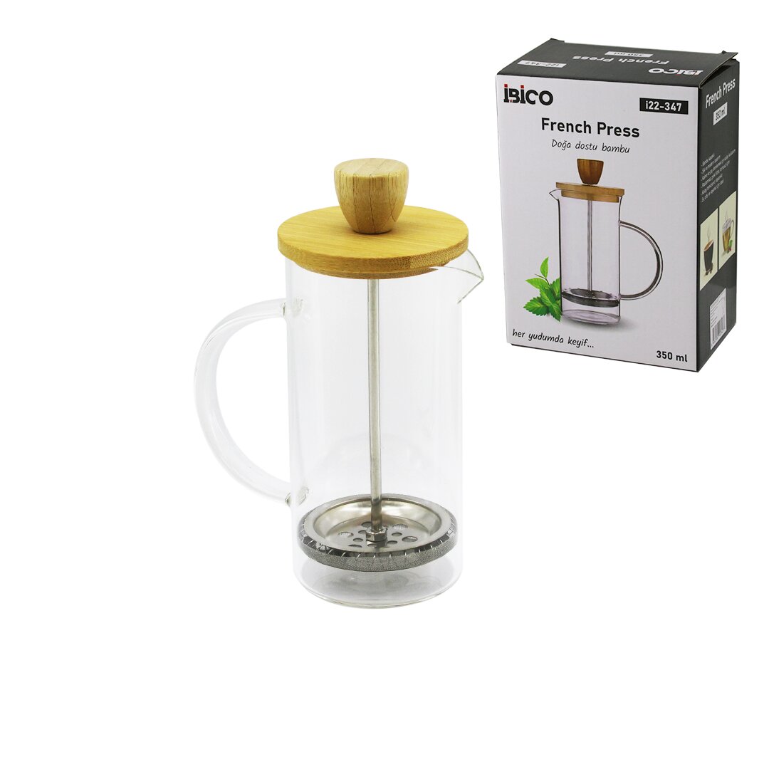 FRENCH PRESS BAMBU KAPAK 350ML CAM BİTKİ SÜZGEÇİ (5643)