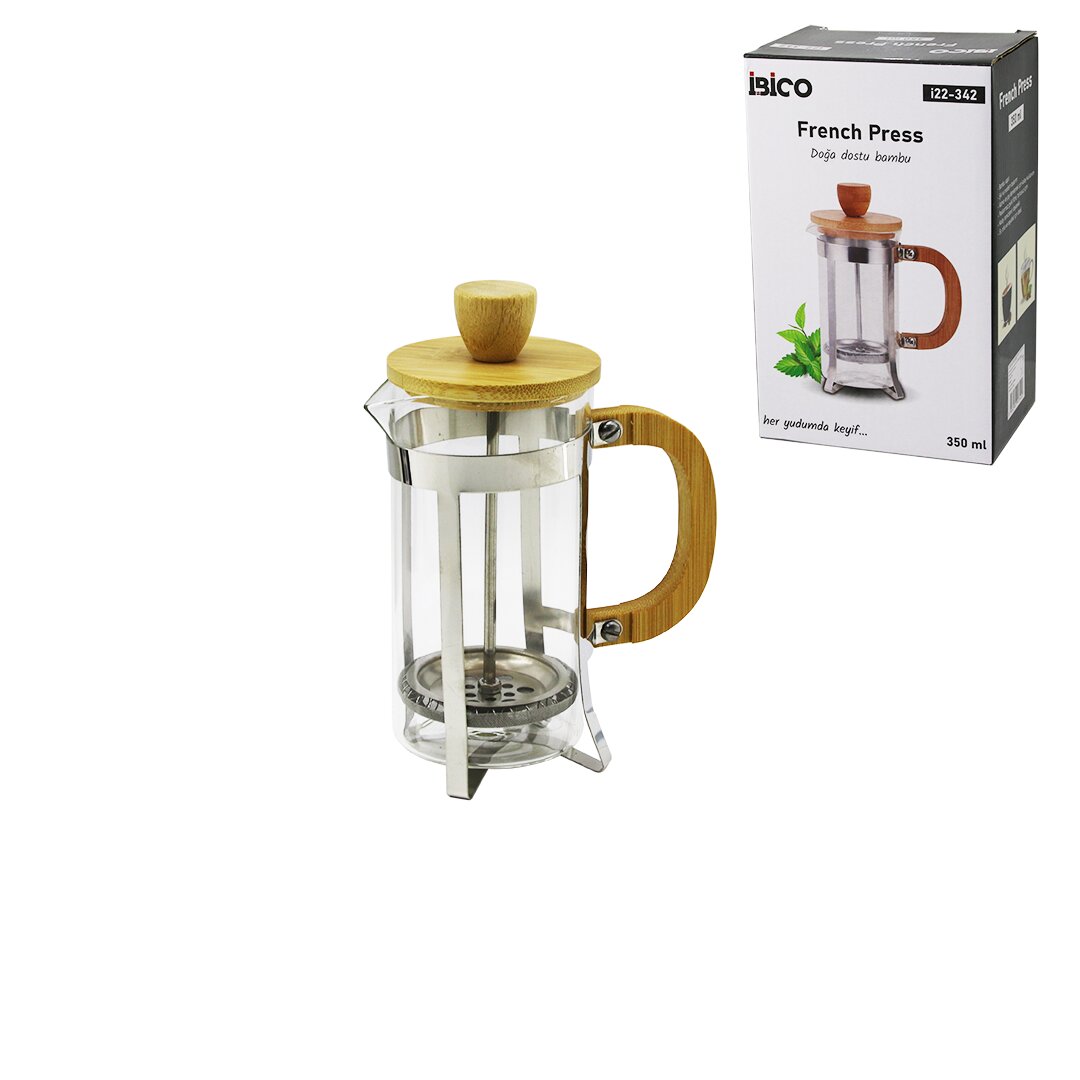 FRENCH PRESS METAL KAFES - BAMBU SAP BAMBU KAPAK 350ML CAM BİTKİ SÜZGEÇİ (5643)