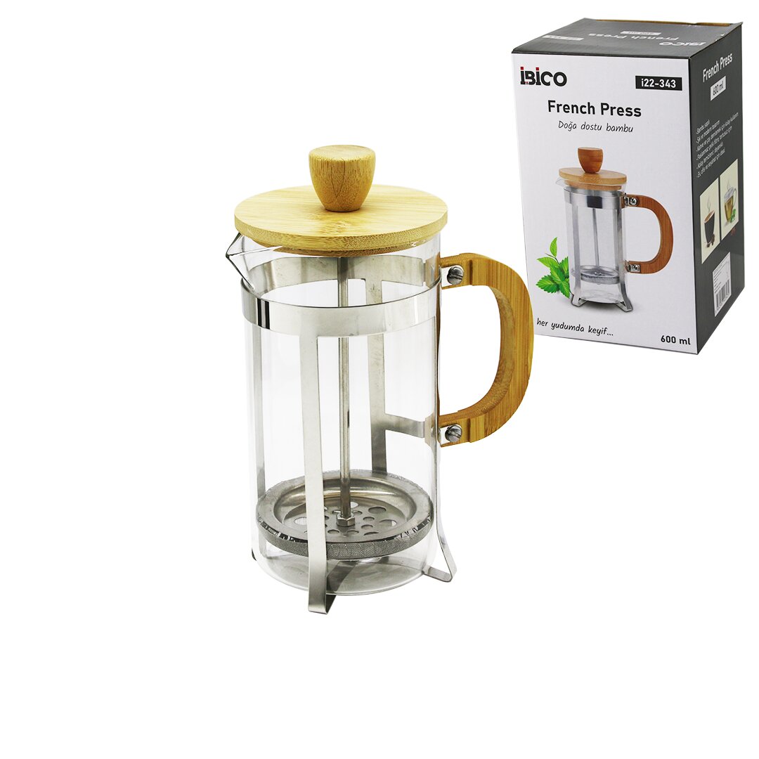 FRENCH PRESS METAL KAFES - BAMBU SAP BAMBU KAPAK 600ML CAM BİTKİ SÜZGEÇİ (5643)
