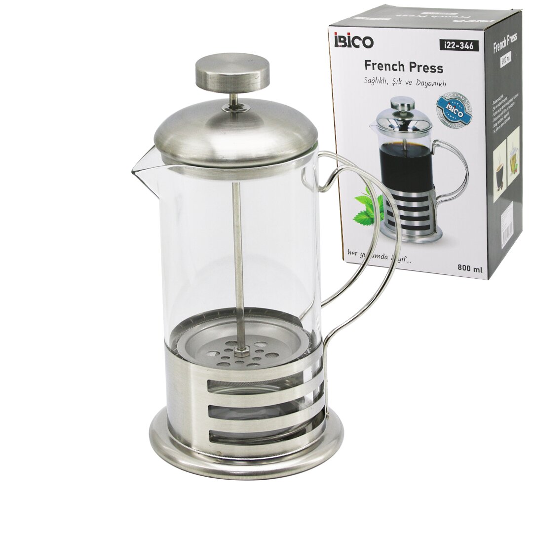 FRENCH PRESS METAL KAFES - METAL KAPAK 800ML CAM BİTKİ SÜZGEÇİ (5643)