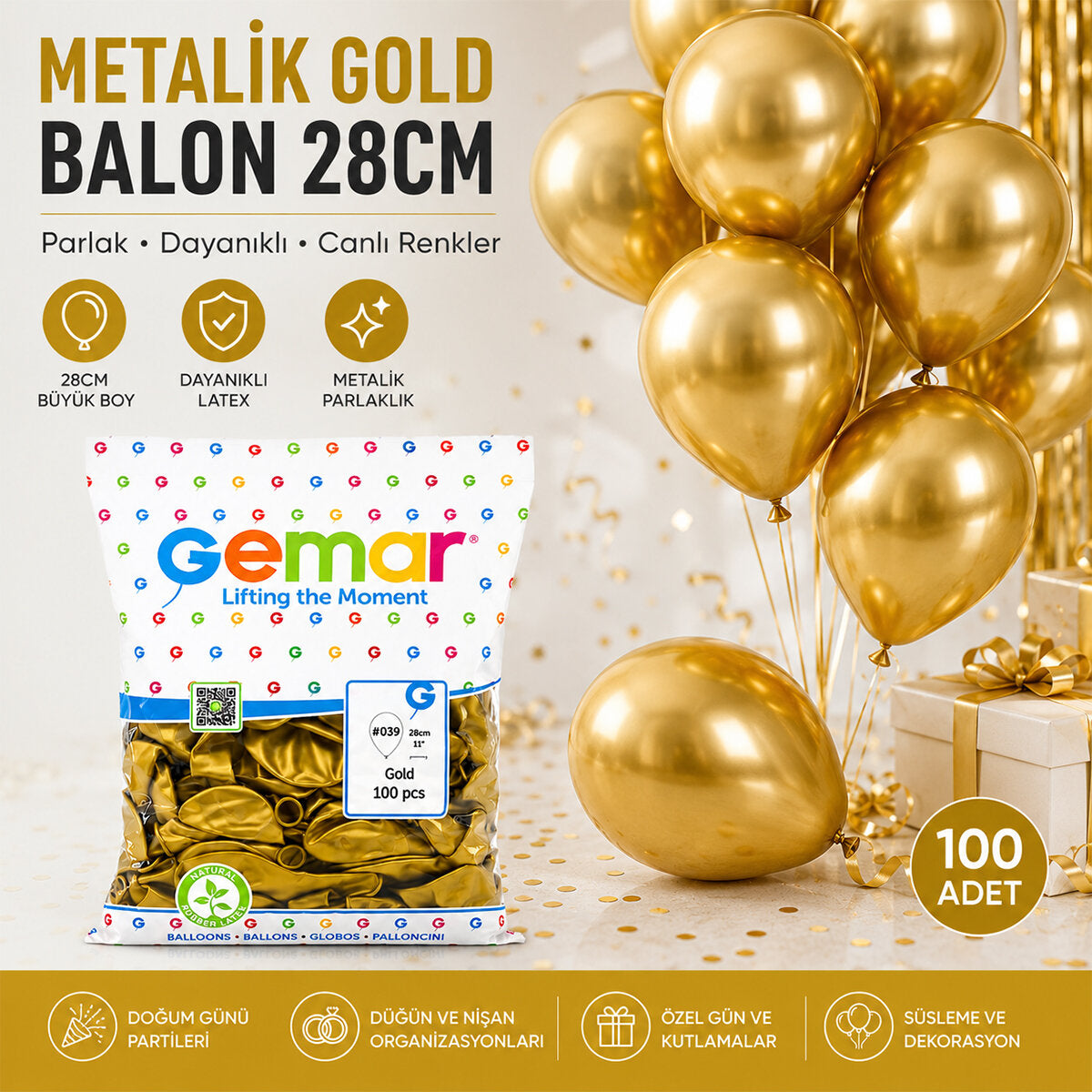 GM-110-39 METALİK - ALTIN BALON 11'' - 28CM - 100 PARÇA (5643)