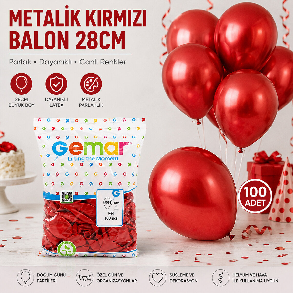 GM-110-53 METALİK - KIRMIZI BALON 11'' - 28CM - 100 PARÇA (5643)