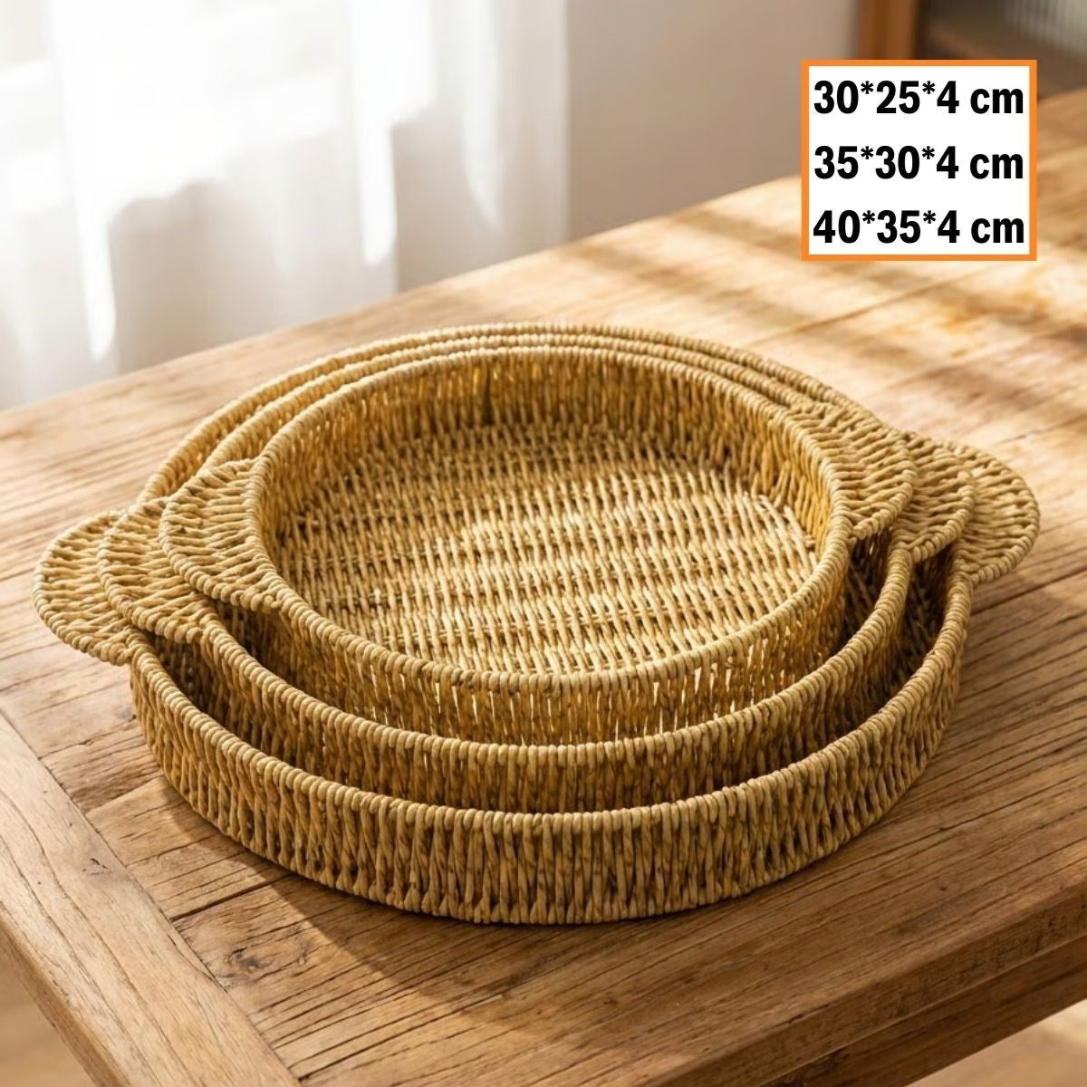 İç İçe Geçebilen 3’lü Yuvarlak Plastik Rattan Tepsi Seti–Hasır Görünümlü Çok Amaçlı Servis ve Sunum Tepsileri (5643)