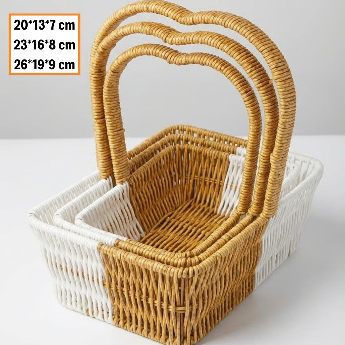 İç İçe Geçebilen 3’lü Çift Renkli Dikdörtgen Formlu Kalp Saplı Plastik Rattan Sepet Seti – Hasır Görünümlü Çok Amaçlı Organizerler (5643)