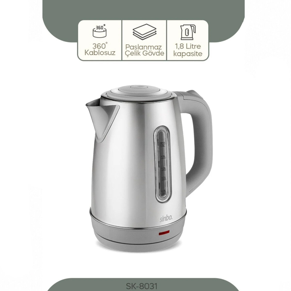 İNOKS ÇELİK KETTLE SU ISITICISI KABLOSUZ KULLANIM 1.8LT 360° DÖNEBİLME OTOMATİK KAPANMA SK-8031 (5643)