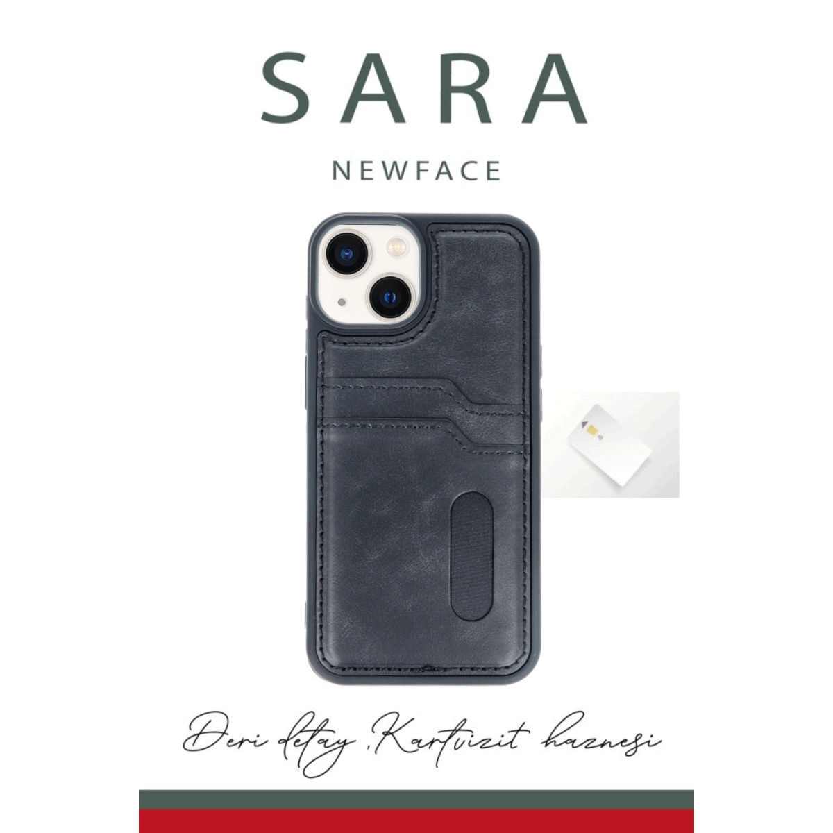 İphone 14 Kılıf Sara Kartvizitli Deri Kılıf - Lacivert