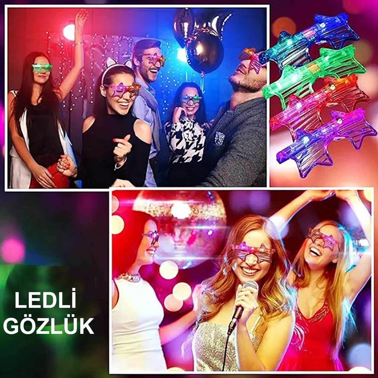 Işıklı Yıldız Gözlük Ledli Parti Gözlüğü 6 Renk 12 Adet (5643)