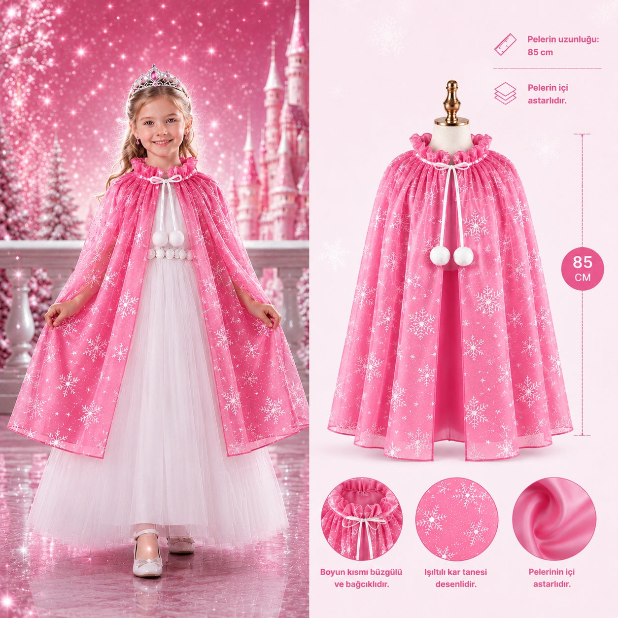 Kar Tanesi Desenli Pembe Elsa Pelerini - Astarlı Frozen Pelerini 85 cm (5643)
