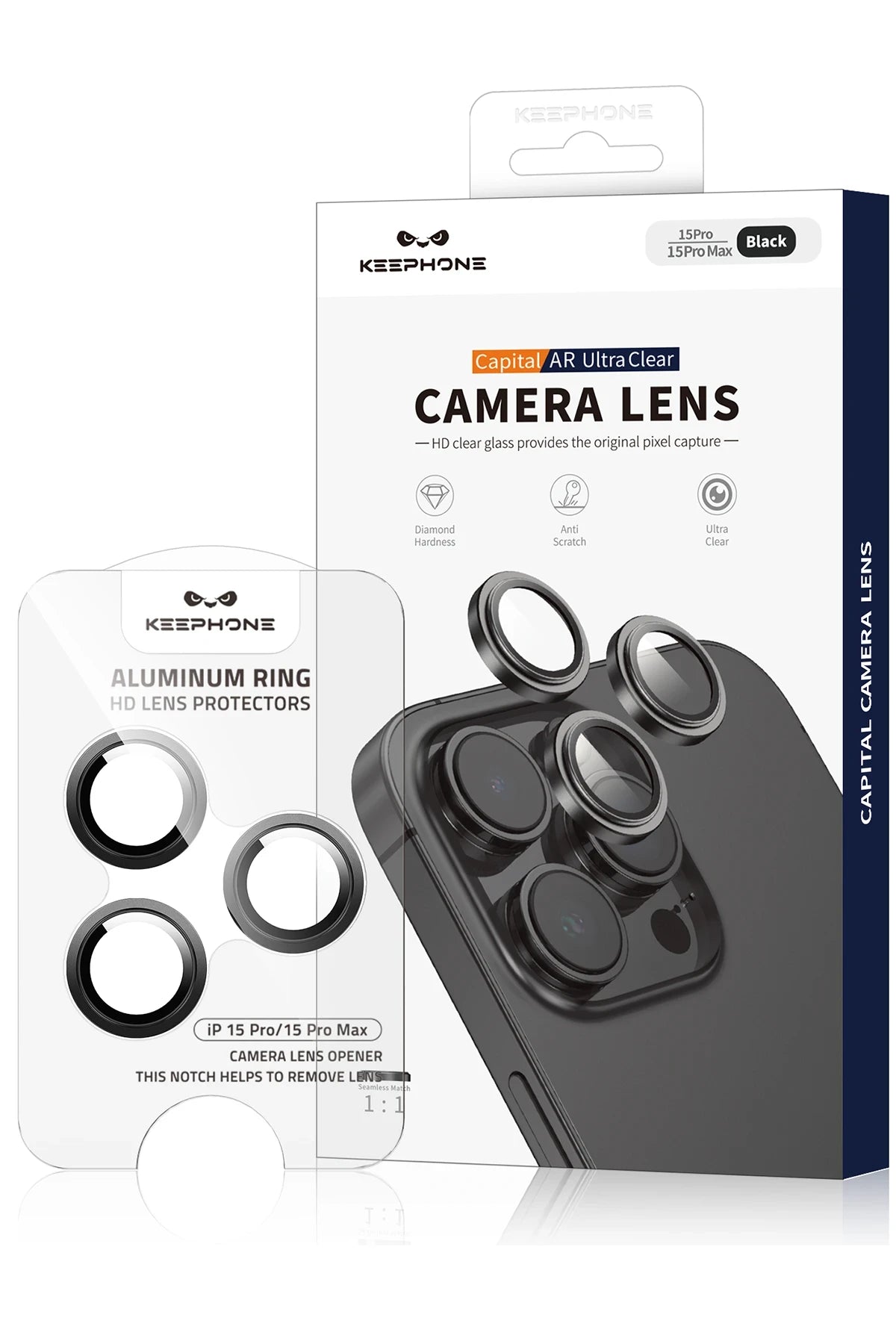 Keephone Apple iPhone 15 Pro Max Capital Alüminyum AR Kamera Lens Koruyucu - Mavi