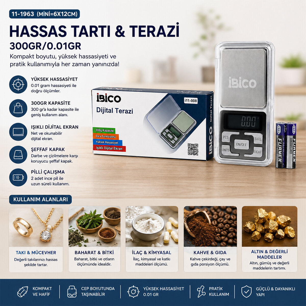 MİNİ=6X12CM HASSAS TARTI - TERAZİ 300GR/0.01GR ŞEFFAF PLS.KAPAKLI - PİLLİ= 2PCS İNCE (5643)