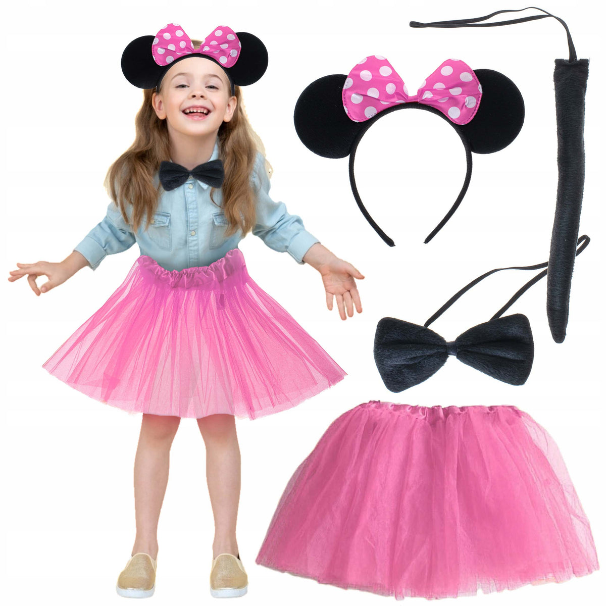 Minnie Kostüm Seti (Pembe Tütü Etek + Pembe Taç + Papyon + Kuyruk) (5643)