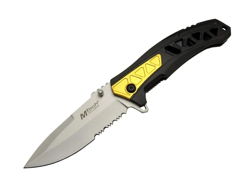 Mtech 4191 Sarı Kamp Çakı 21cm - Yarı Otomatik, Kemerlikli, Testere Detaylı, Desenli Sap