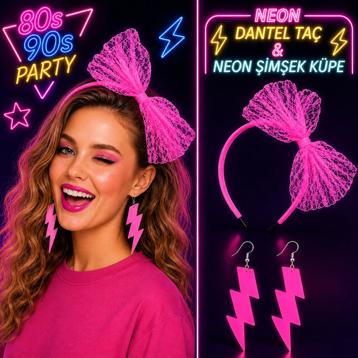 Neon Pembe Dantel Taç ve Şimşek Küpe 80'ler 90'lar Parti Seti (5643)
