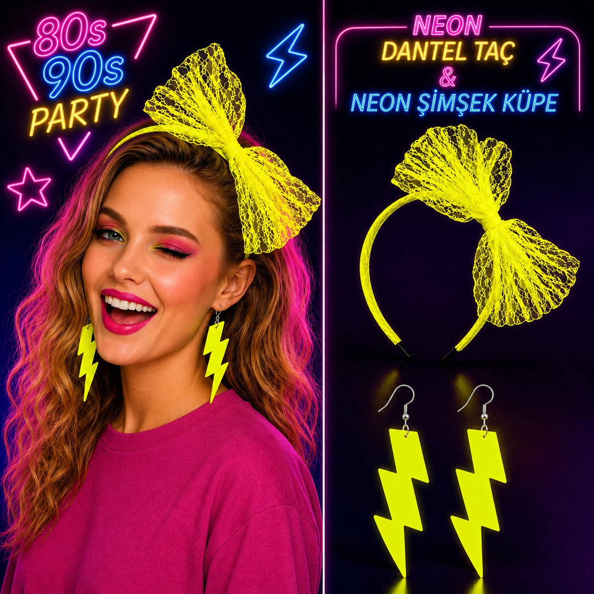 Neon Sarı Dantel Taç ve Şimşek Küpe 80'ler 90'lar Parti Seti (5643)