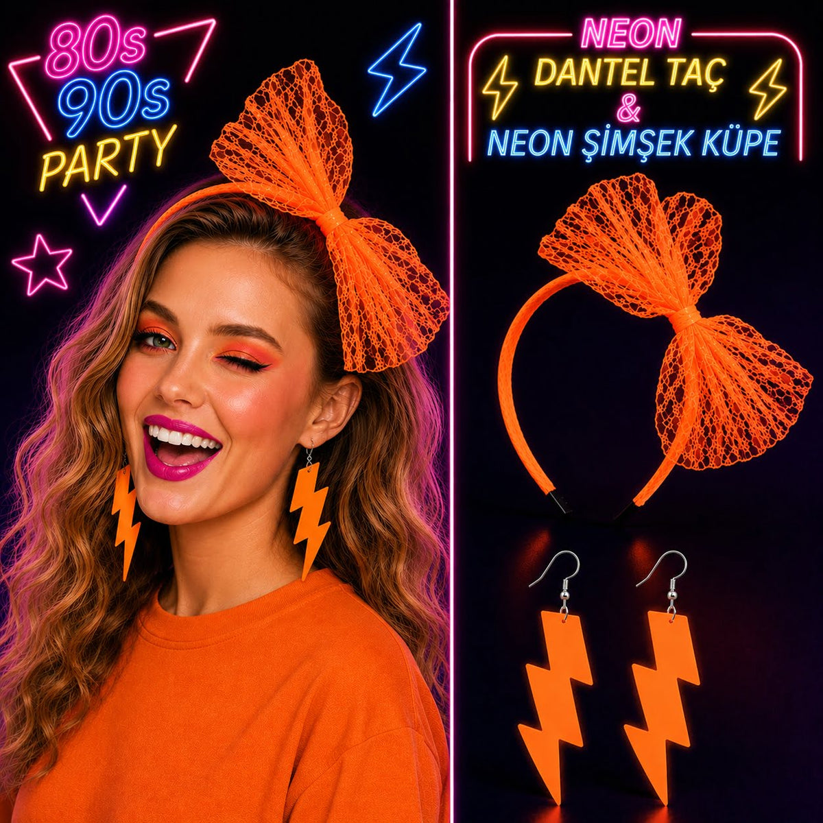 Neon Turuncu Dantel Taç ve Şimşek Küpe 80'ler 90'lar Parti Seti (5643)