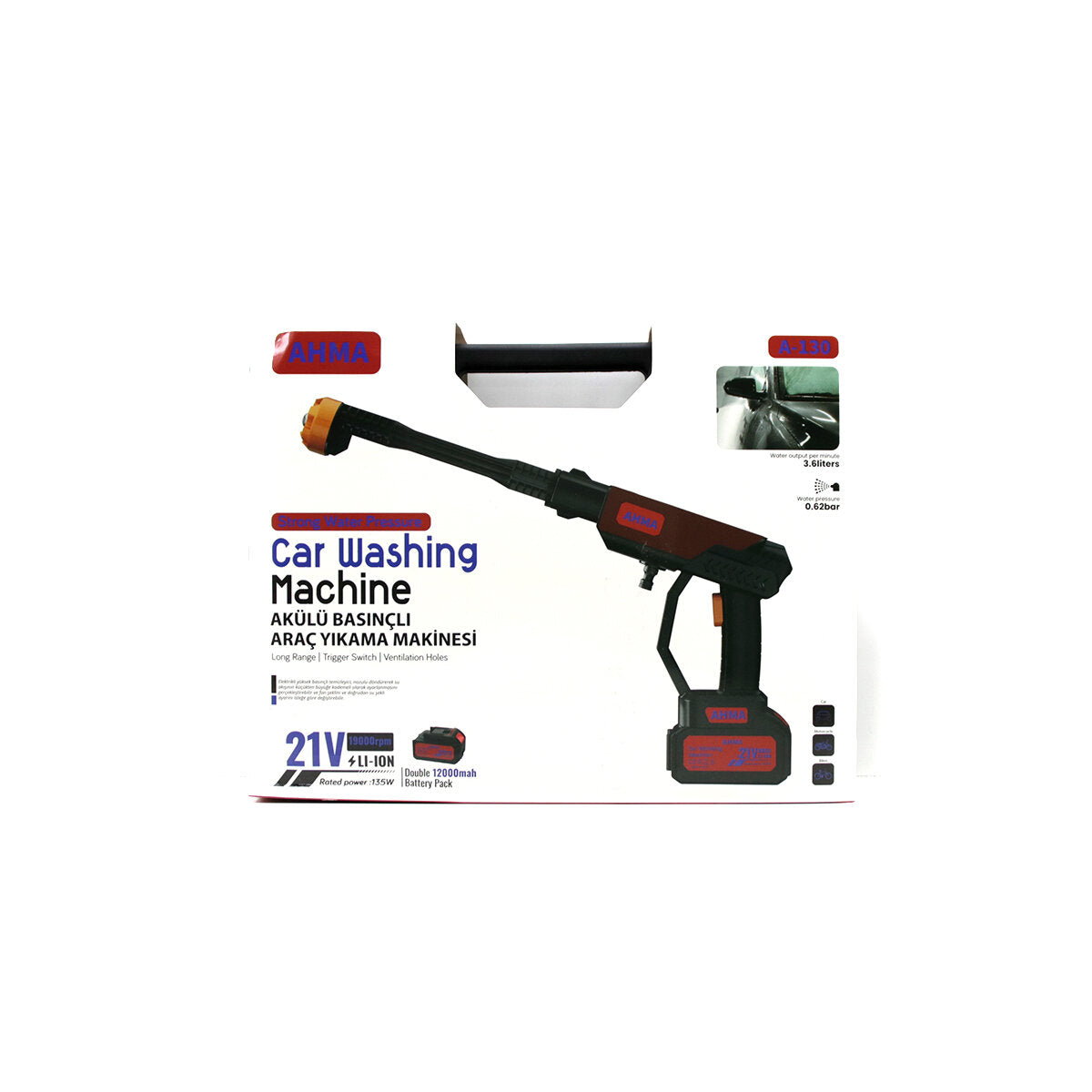 OTO - ARAÇ YIKAMA MAKİNESİ ŞARJLI - YEDEK BATARYALI 135W - 19000 RPM 12000 mAh - 21V 0.62bar A-130 (5643)