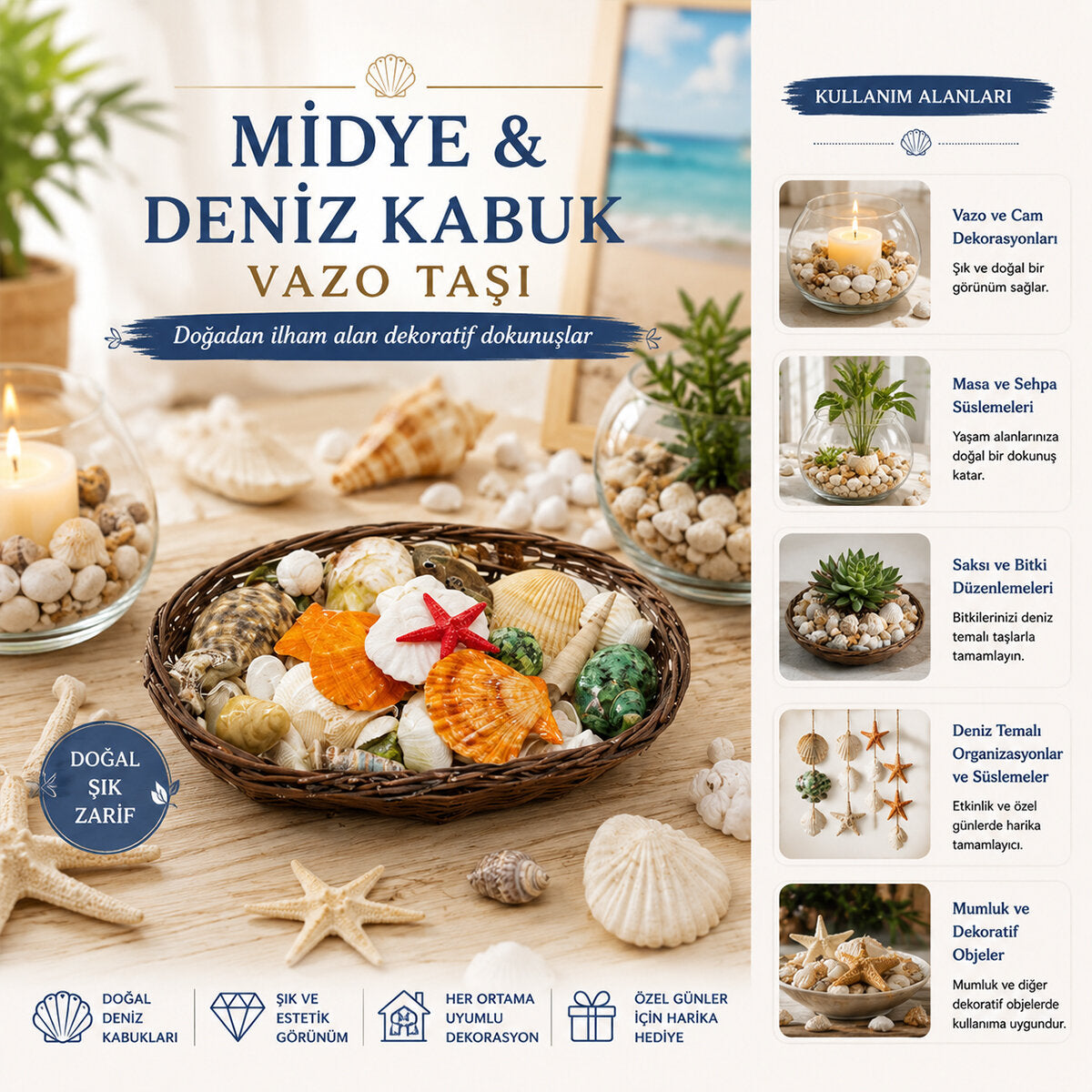 OVAL AHŞAP SEPET RENKLİ MİX MİDYE - DENİZ KABUK VAZO TAŞI (5643)