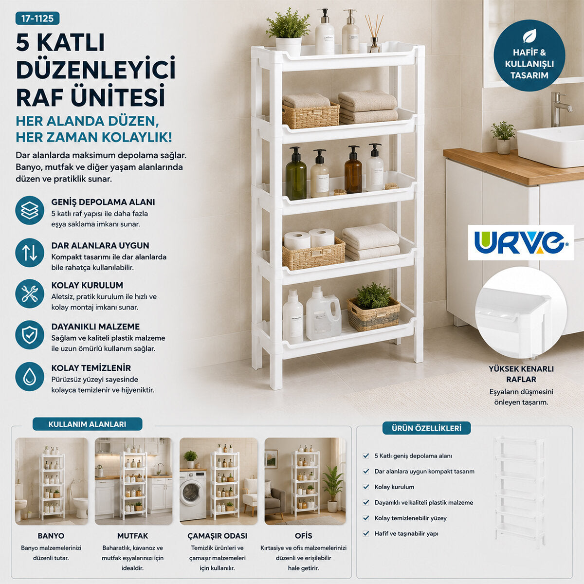 RAFTY 5 KATLI SEPET ORGANİZER DÜZENLEYİCİ RAF ÜNİTESİ 465X145X870MM (5643)