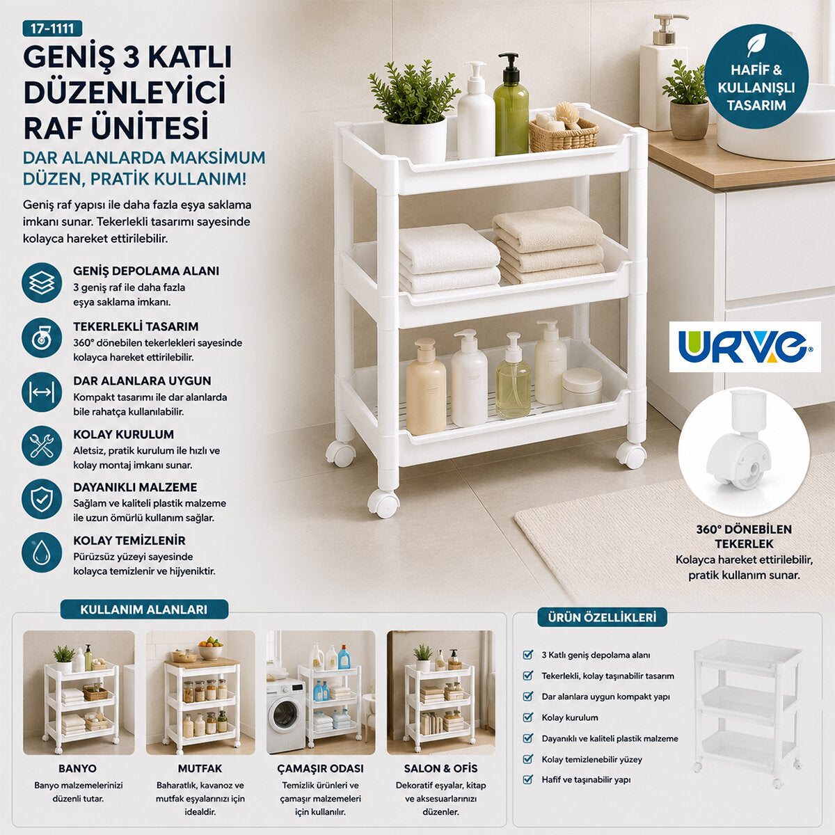 RAFTY GENİŞ 3 KATLI TEKERLEKLİ SEPET ORGANİZER DÜZENLEYİCİ RAF ÜNİTESİ 352X220X480MM (5643)