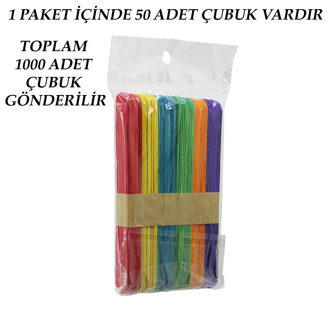 RENKLİ - 1000 ADET AHŞAP ELİŞİ - DİL ÇUBUK 15CM X 1.8CM (5643)
