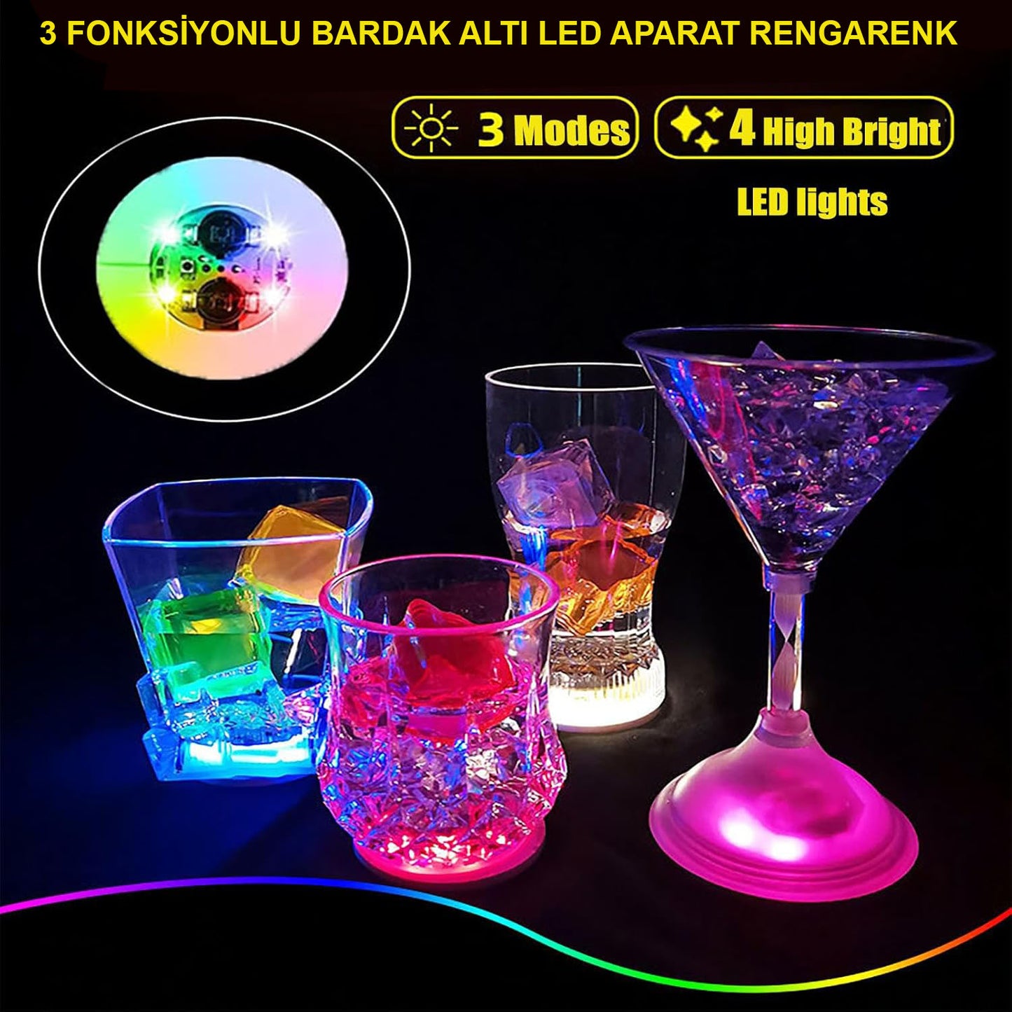 Renkli LED Işıklı Bardak Altlığı - Dekoratif (12 Adet, Pilli) (5643)
