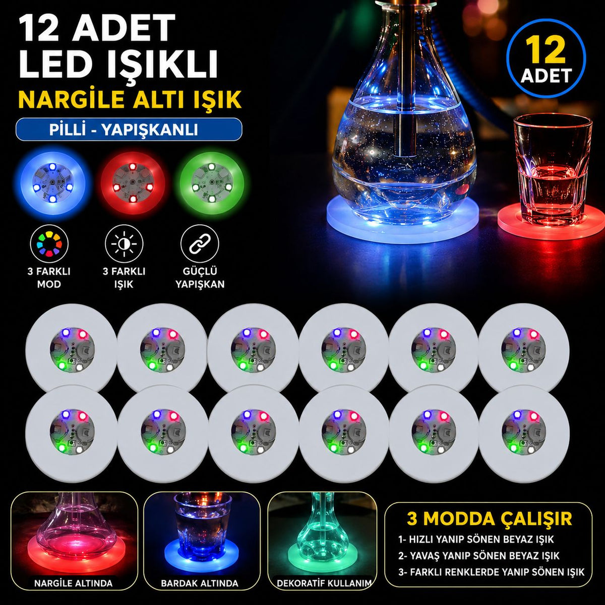 RGB LED Nargile Altı Işık 12’li Set (5643)
