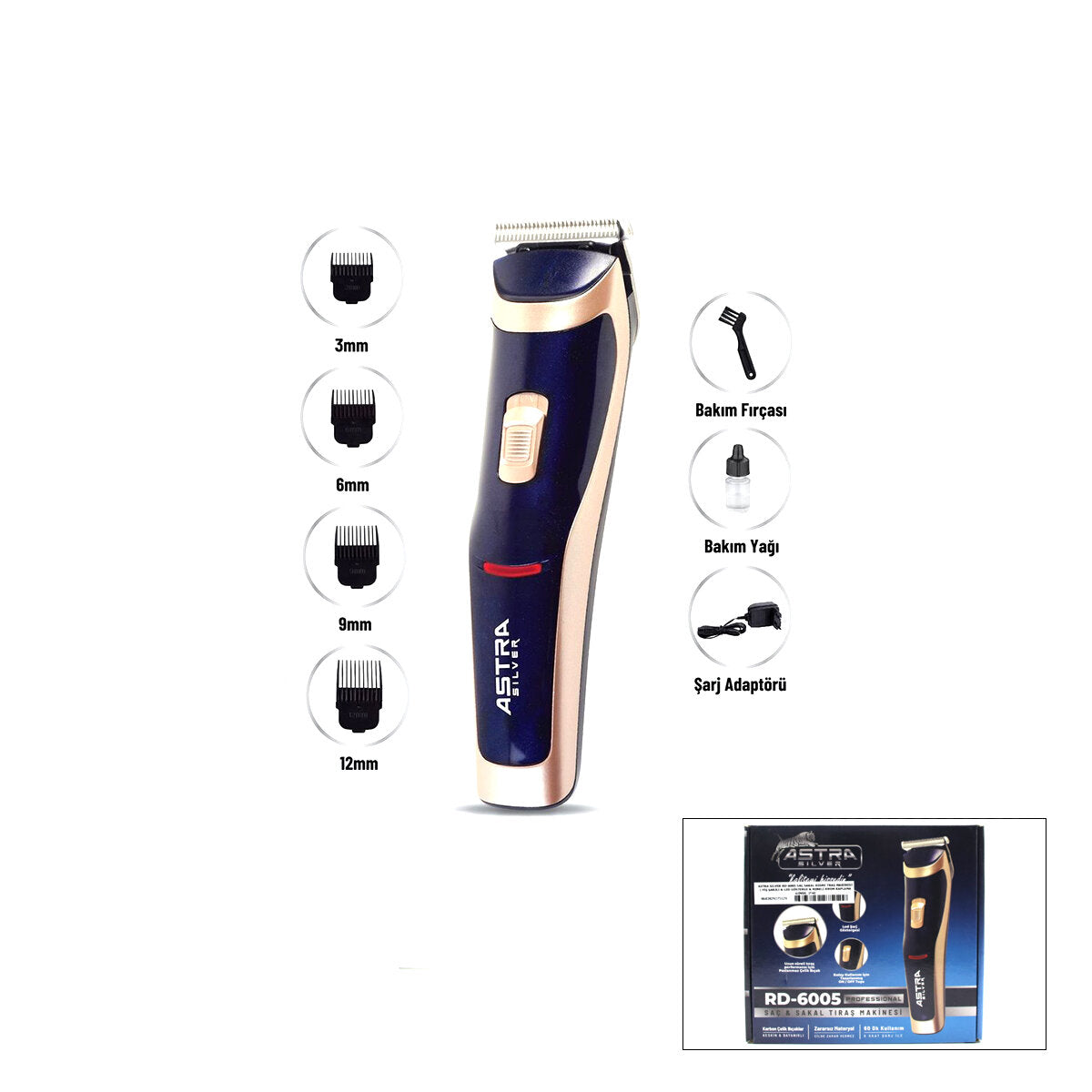 SAÇ SAKAL KESME TRAŞ MAKİNESİ FİŞ ŞARJLI - LED GÖSTERGE - RENKLİ KROM KAPLAMA GÖVDE RD-6005 (5643)