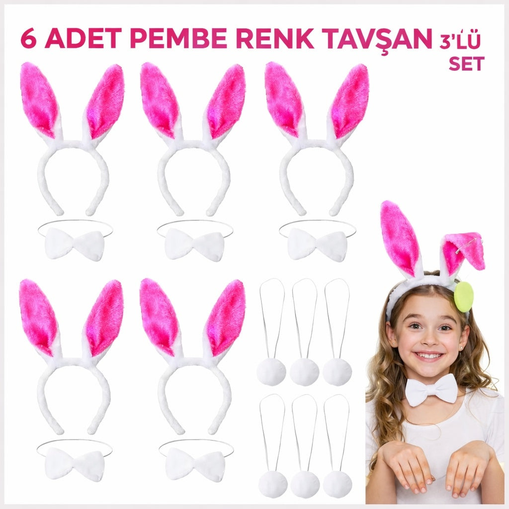 Şeker Pembesi Tavşan Sahne Seti 6'lı Set Taç Papyon Kuyruk (5643)