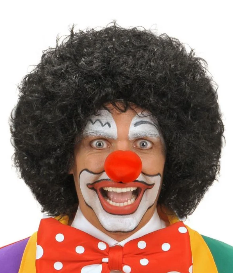 Siyah Renk Kıvırcık Afro Bonus Peruk Saç ve Kırmızı Sünger Burun Seti (5643)