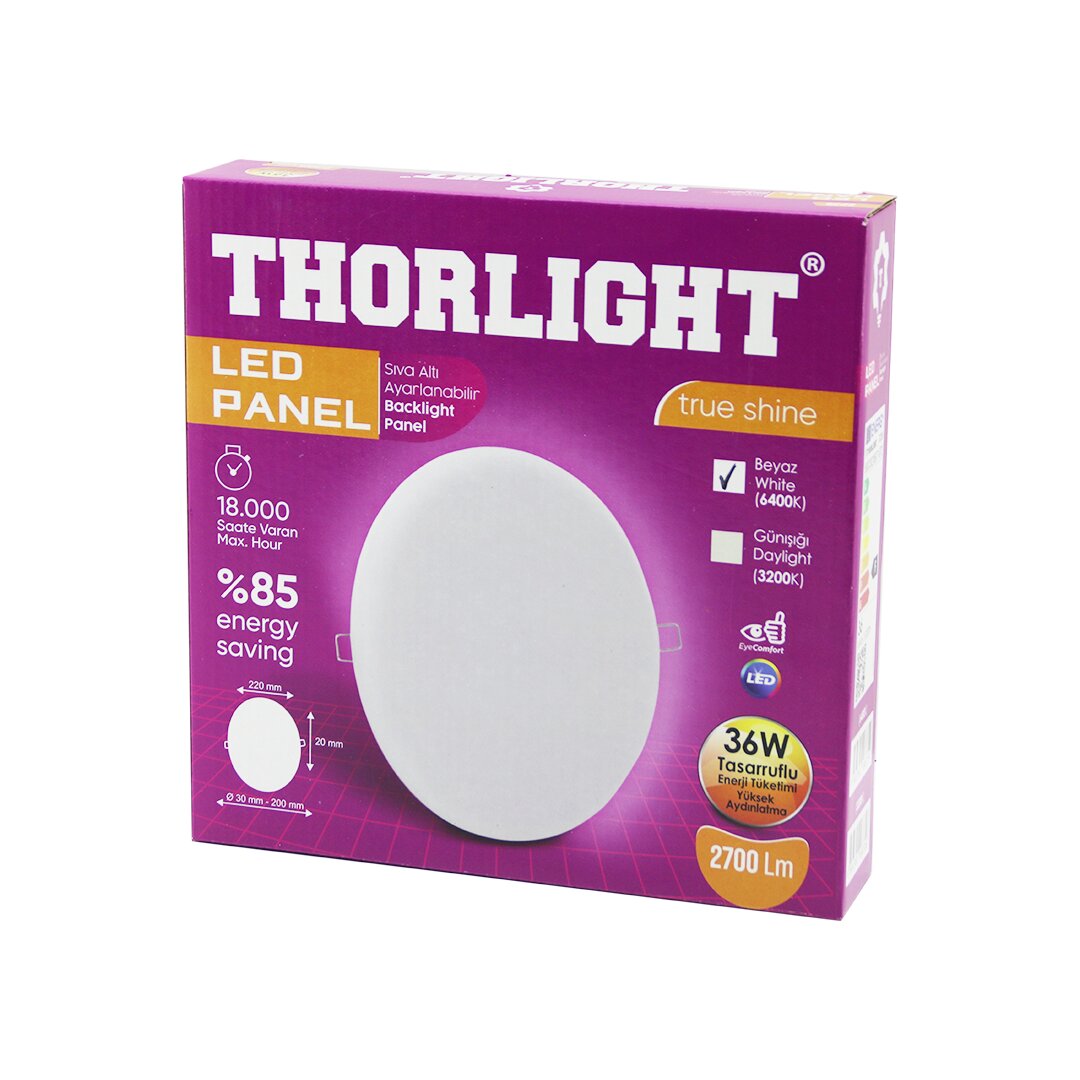 THORLIGHT S-236 36W 22CM BEYAZ LED PANEL SIVA ALTI AYARLI MANDALLI 6400K - 2700LM - 18000 SAAT - 2835 SMD (5643)
