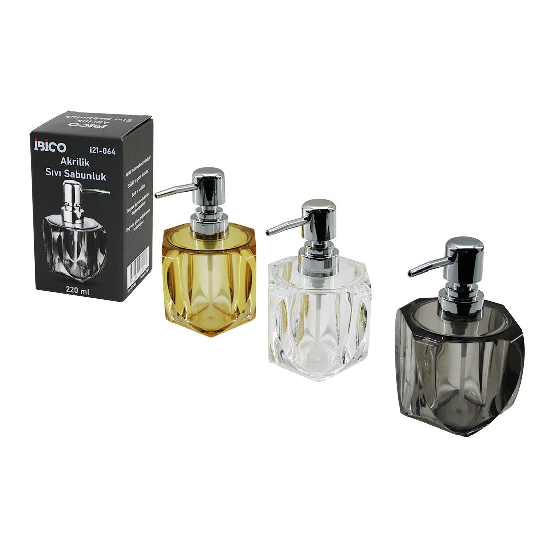TOMBUL KARE - 4-KALPLİ GÖVDE ŞEFFAF - RENKLİ AKRİLİK - MİKA KRİSTAL SIVI SABUNLUK 220ML (5643)