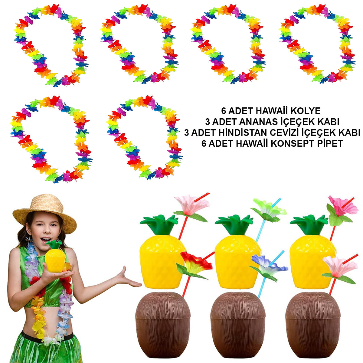 Tropikal Hawaii Parti Malzemeleri – Kolye, Pipet, Bardak Seti (5643)