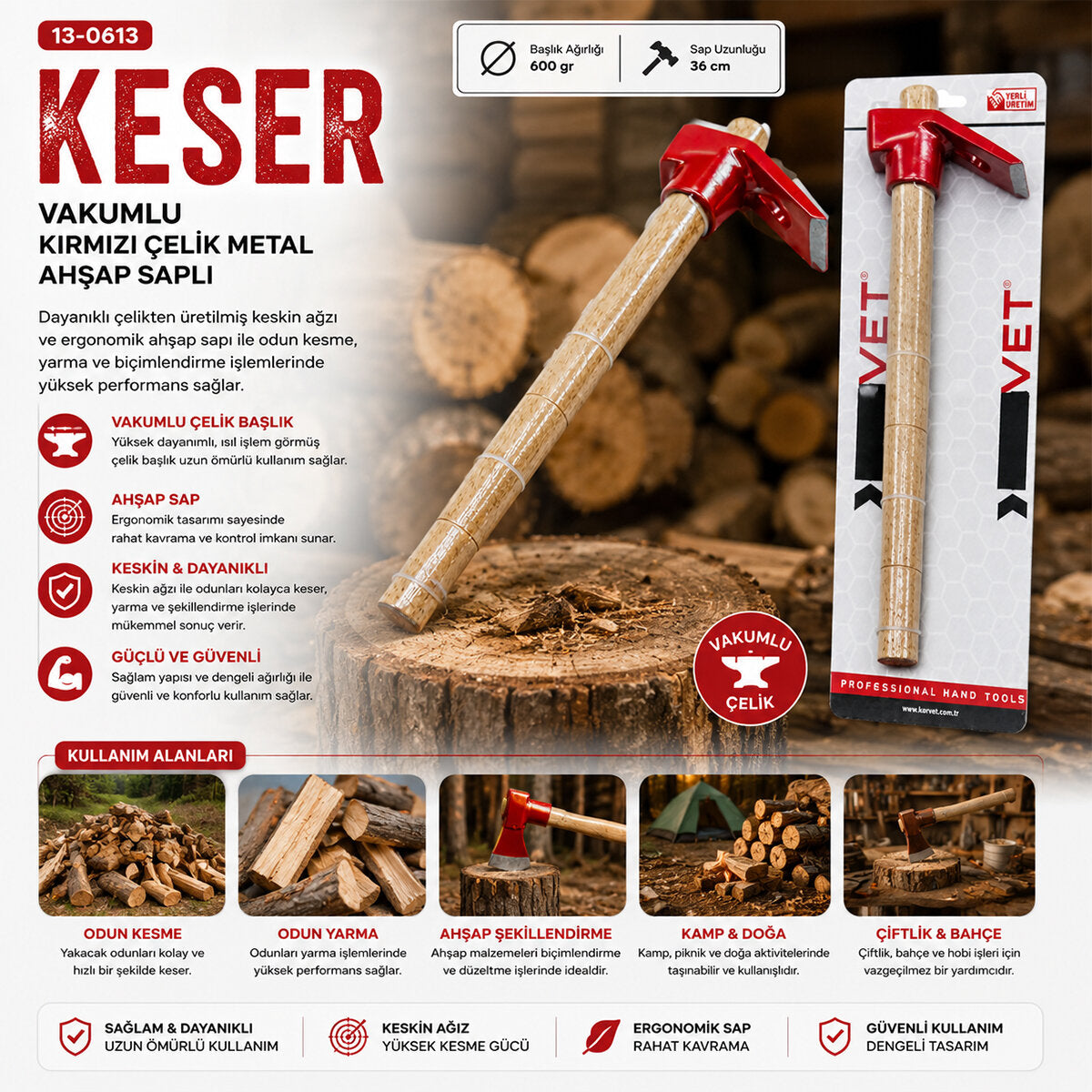 VAKUMLU KIRMIZI KESER AHŞAP SAPLI (5643)