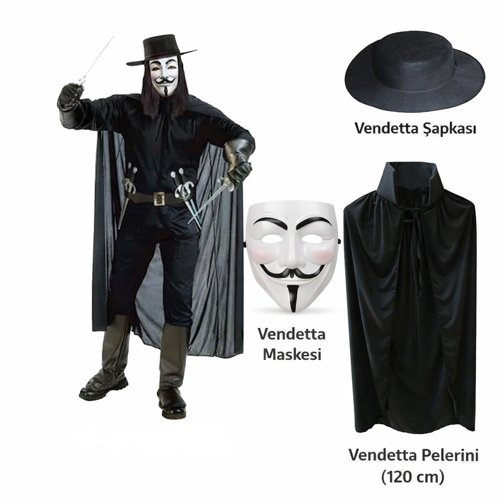 Vendetta Kostüm Seti – Şapka Maske Pelerin (120 Cm)