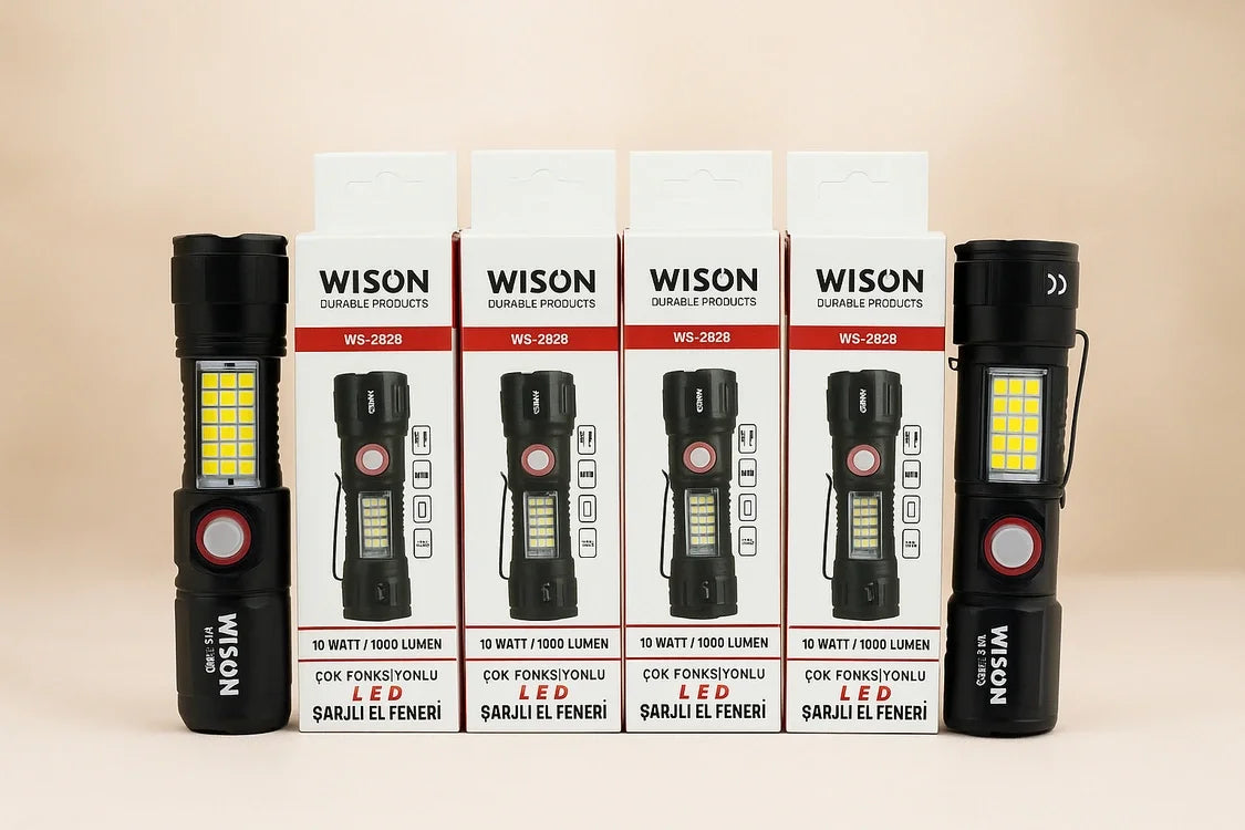WS-2828 Ultra USB Şarjlı Polis El Feneri, Bekçi, Asker El Feneri Kırmızı Mavi Çakarlı 1000 Lümen (5643)