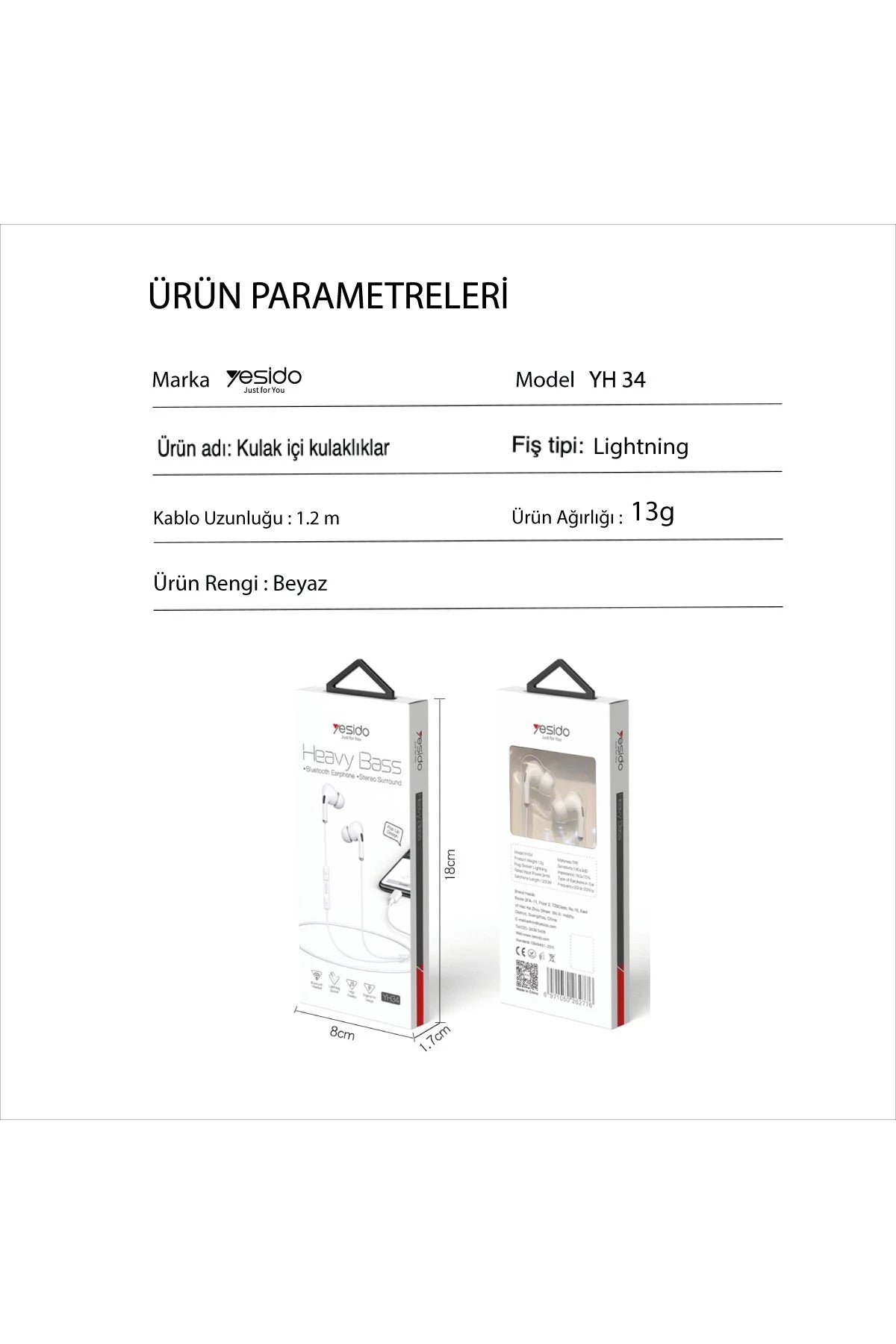 Yesido YH34 1.2M Yüksek Baslı Lightning Bluetooth Kablolu Kulaklık - Beyaz