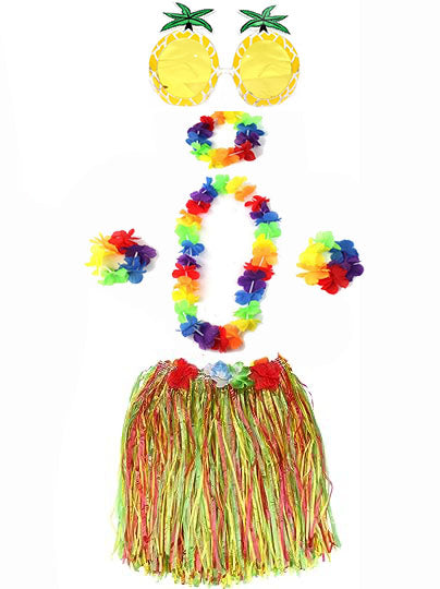 Yetişkin ve Çocuk Uyumlu Luau Aloha Hawaii Rengarenk 40 cm Etek Ananas Şekilli Gözlük Hawaii Kolye Renkli Taç ve 2 Adet Bileklik Seti (5643)