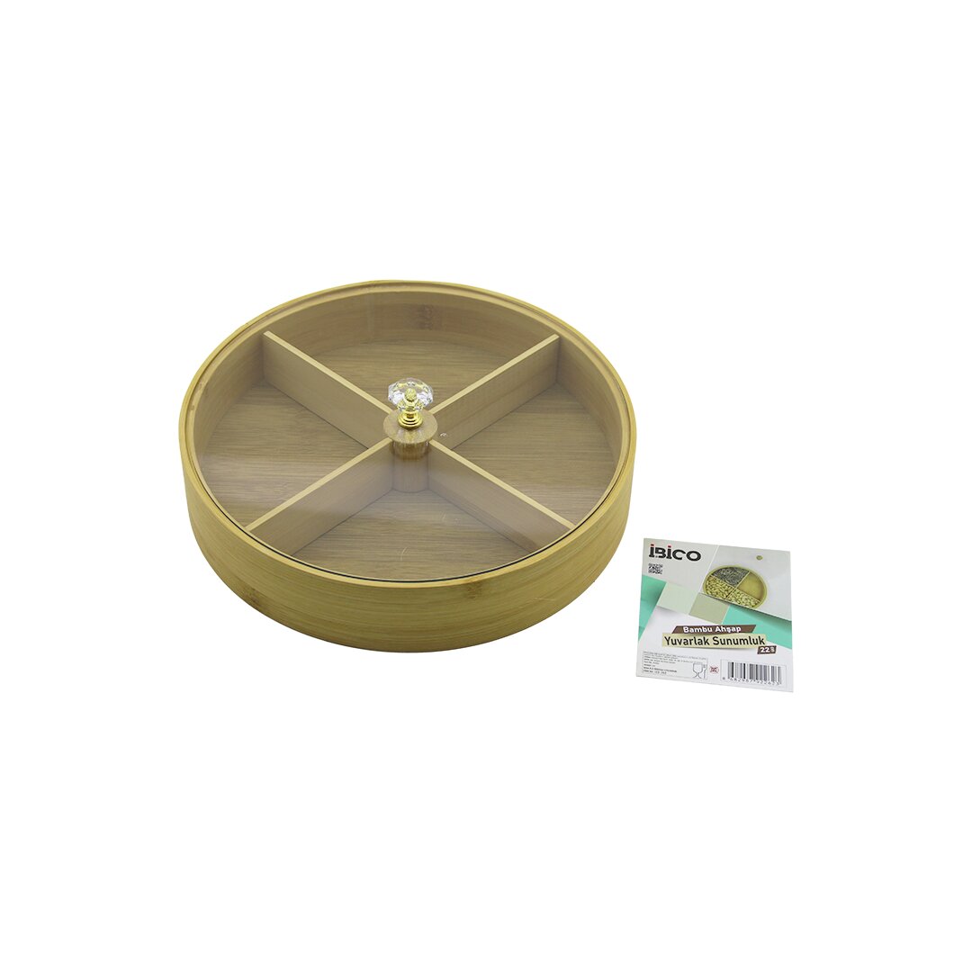 YUVARLAK 4 BÖLMELİ=2IN1=BÖLMESİZ ÇOK AMAÇLI KUTU AHŞAP BAMBU SERVİS SUNUM TEPSİ - TAHTASI 22CM (5643)