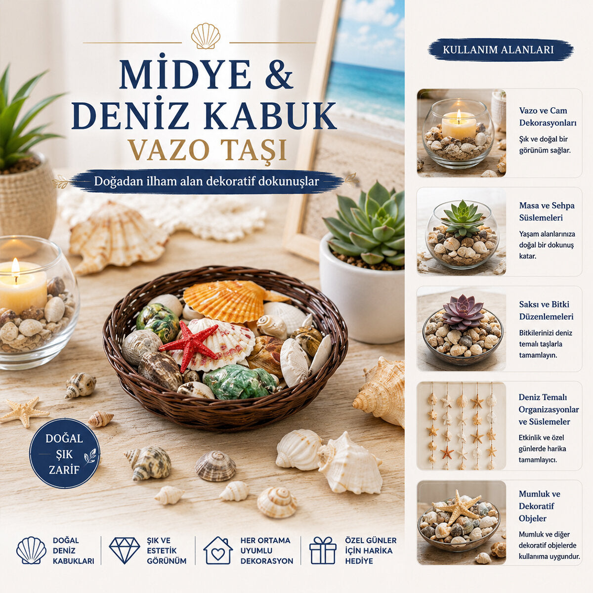 YUVARLAK AHŞAP SEPET RENKLİ MİX MİDYE - DENİZ KABUK VAZO TAŞI (5643)