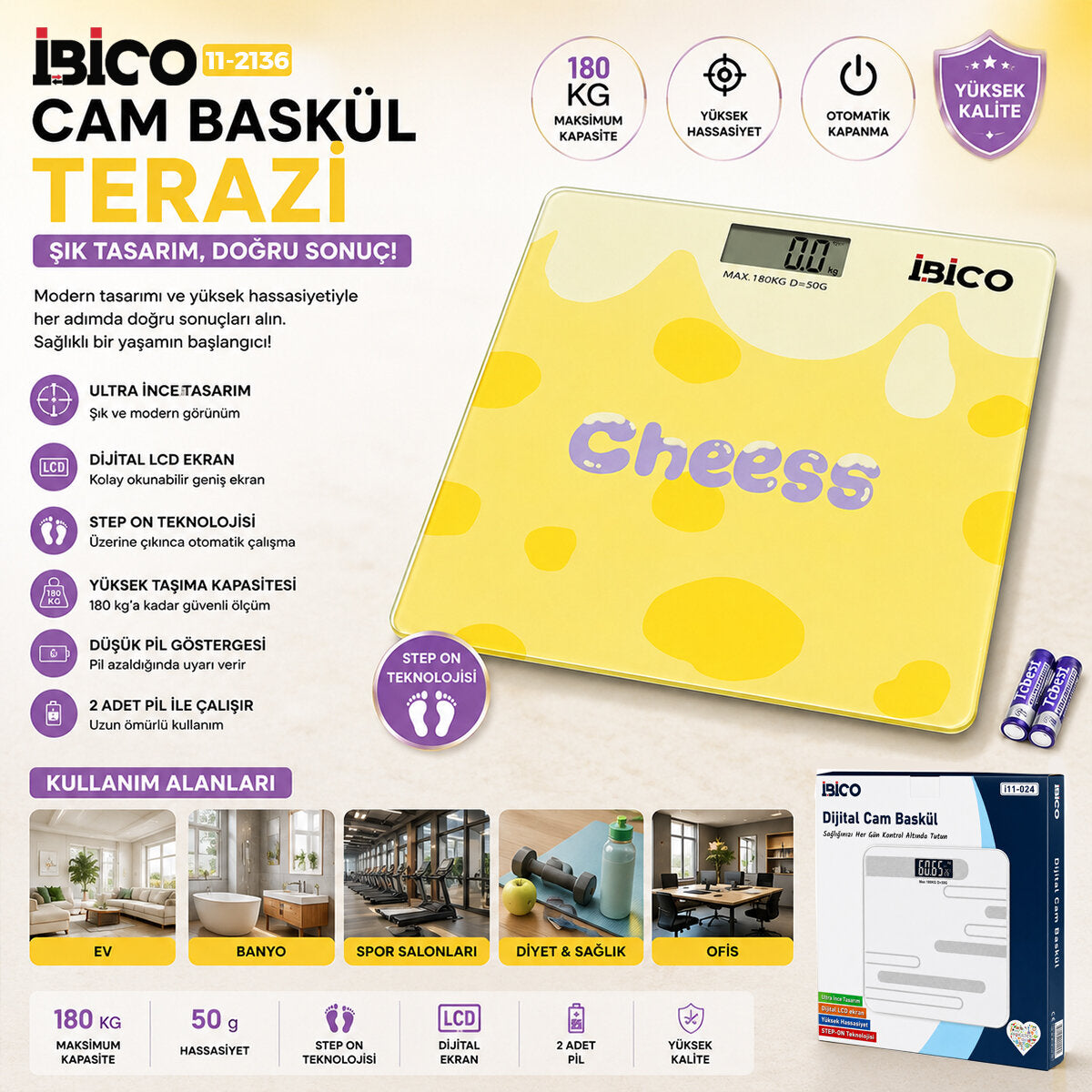 0221A DİJİTAL - PİLLİ DESENLİ RENKLİ CAM BANYO BASKÜL TERAZİ TARTI LCD EKRAN 180KG/50GR 26X26CM İ11-030 (5643)