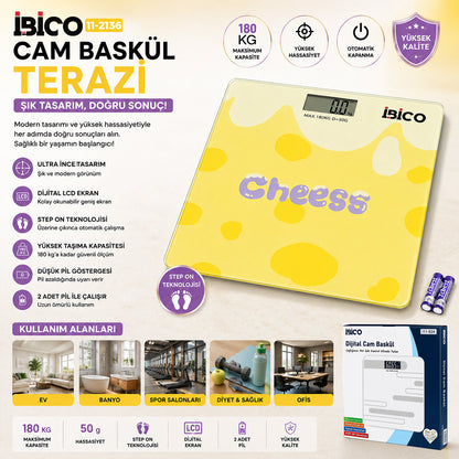 0221A DİJİTAL - PİLLİ DESENLİ RENKLİ CAM BANYO BASKÜL TERAZİ TARTI LCD EKRAN 180KG/50GR 26X26CM İ11-030 (5643)