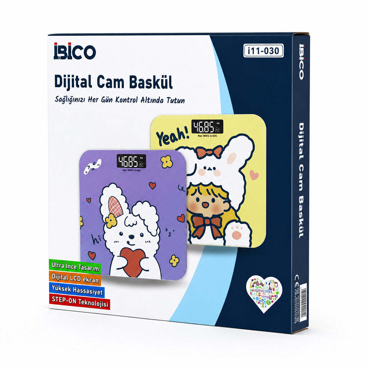 0221A DİJİTAL - PİLLİ DESENLİ RENKLİ CAM BANYO BASKÜL TERAZİ TARTI LCD EKRAN 180KG/50GR 26X26CM İ11-030 (5643)