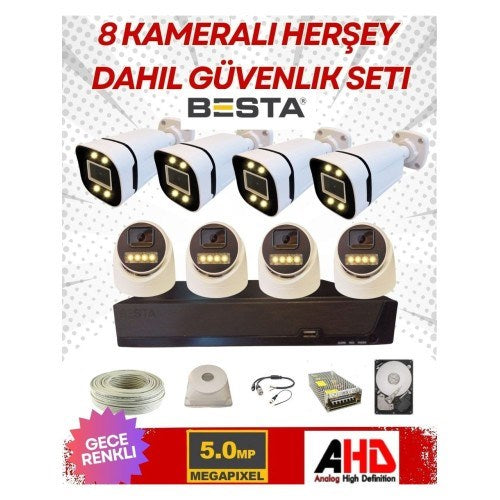 4 Iç 4 Dış 8 Kameralı Gece Renkli Sesli 5 Mp 320GB HDD Dahil Ahd Güvenlik Kamera Seti
