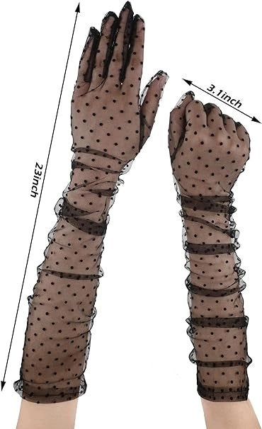 Uzun Boy Siyah Puantiyeli Siyah Renk Yetişkin Tül Eldiven 55 cm