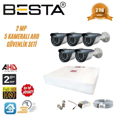 2 MP Ahd 1080P Gece Görüşlü 5 Kameralı Güvenlik Sistemi