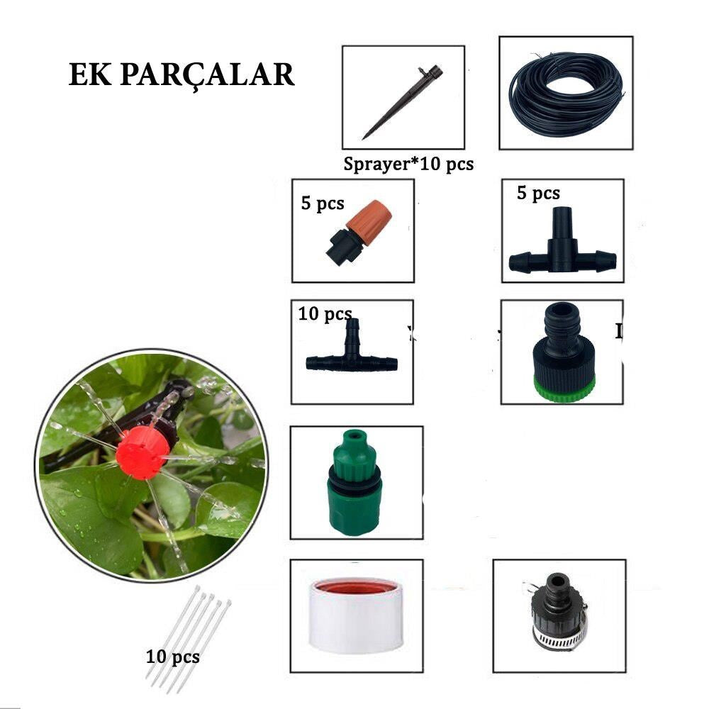 BUFFER® 10 Metre Bahçe Damlama Sulama Sistemi Seti Hortum ve Ek Parçaları