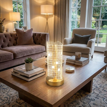 BUFFER® Dalgalı Silindirik Kristal Kareli Model LED Masa Lambası – Gold Tabanlı, Dokunmatik, 3 Renk Işık Modlu, Şarjlı Modern Dekoratif Gece Lambası