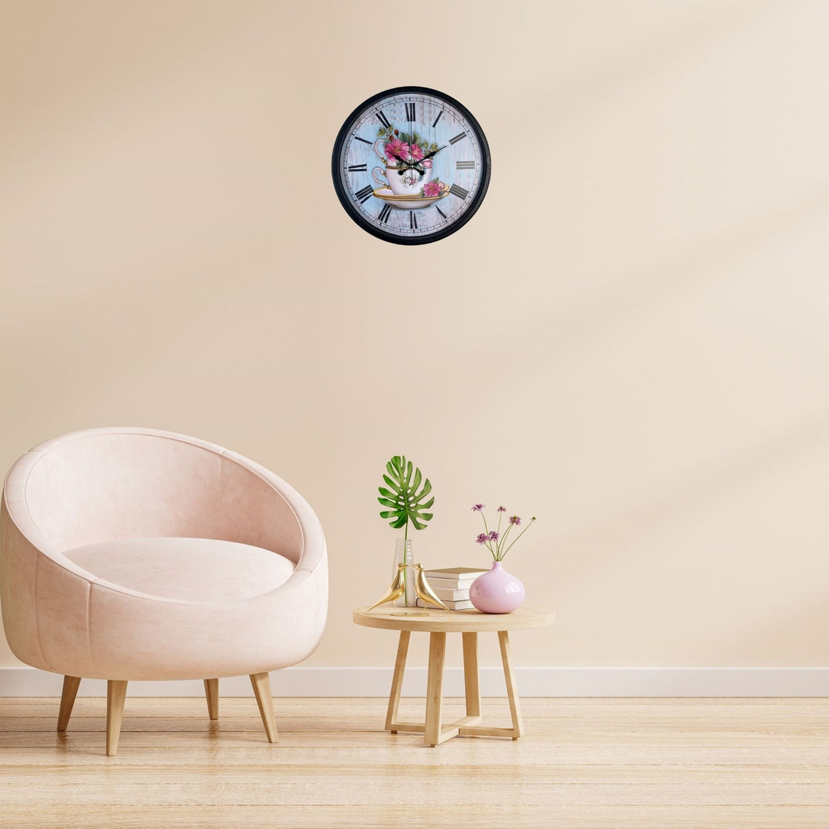 Siyah Floral Tea Cup Duvar Saati