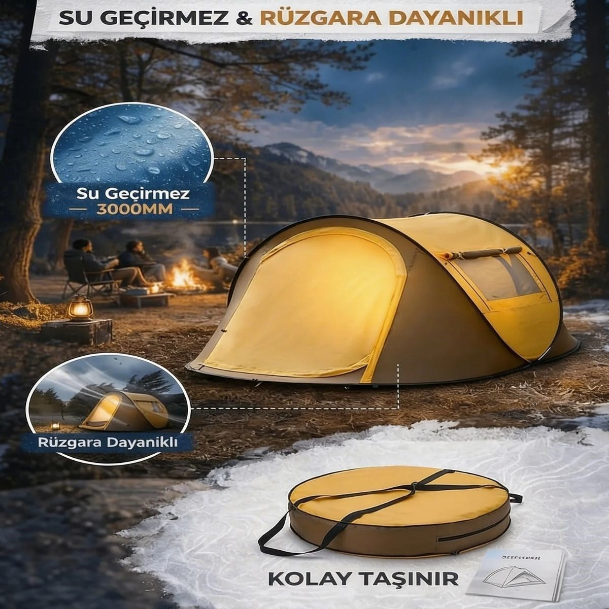 BUFFER® 2 Kişilik Vagon Tipi Yarı Otomatik Kamp Çadırı – Çift Kapılı, Çift Pencereli, Hafif Taşınabilir Outdoor Doğa Çadırı 220x120x90 cm