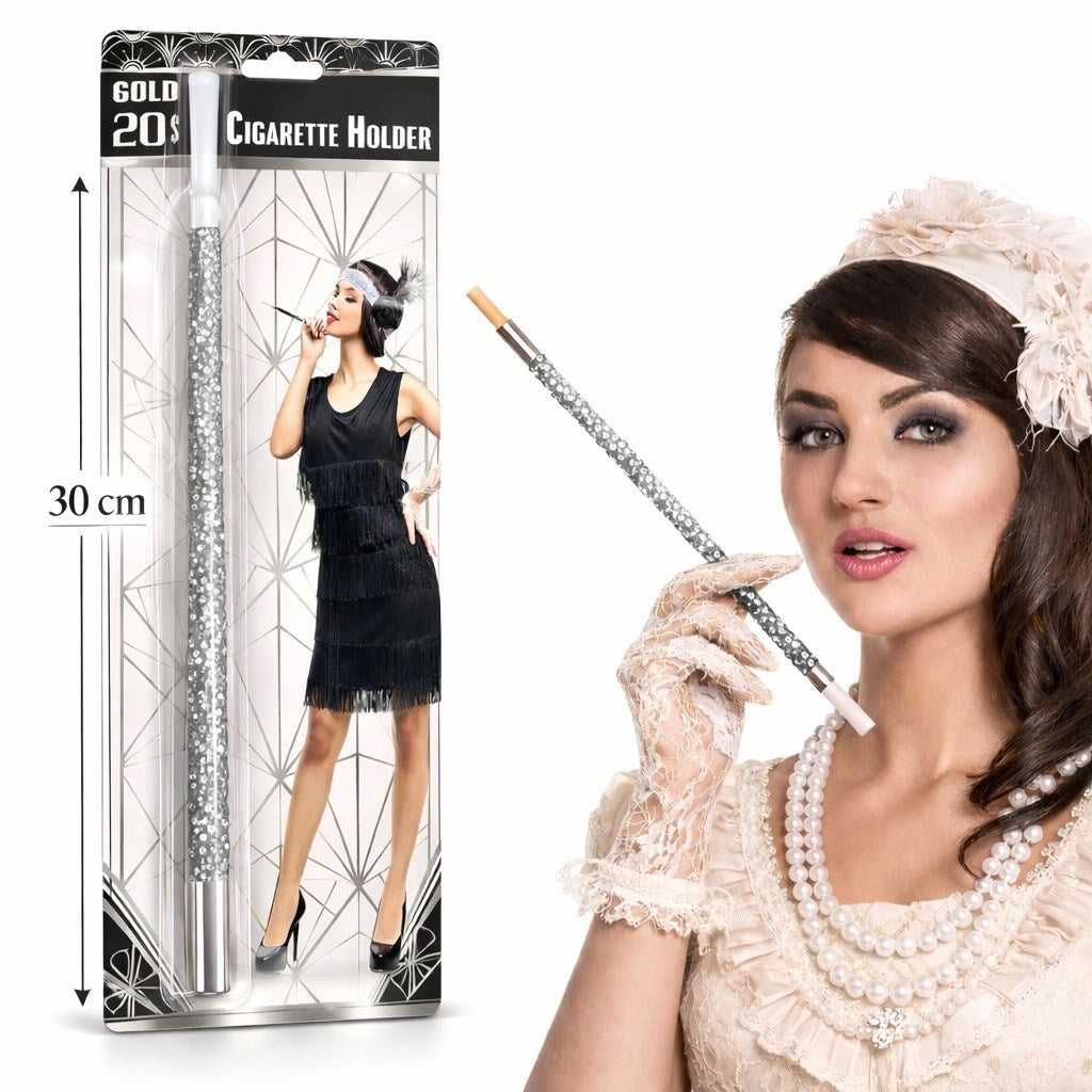 30 cm Gümüş Payetli Sigara Tutacağı – 1920’ler Gatsby Parti Aksesuarı